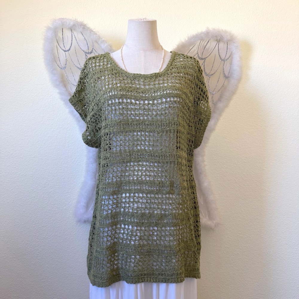 Boho Crochet Knit Oversized‎ Tunic Top Olive Green Sheer Earthy Indie Layering